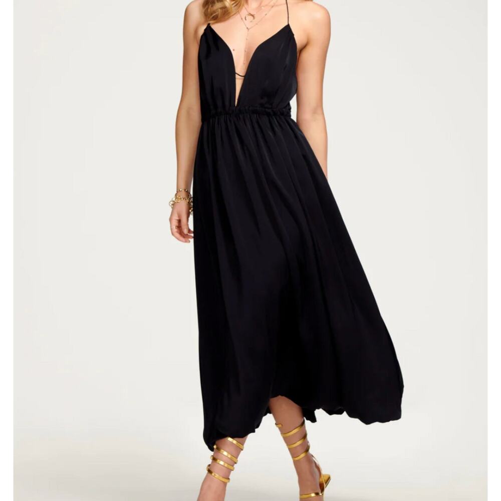 NWT $565 Ramy Brook Dress Satin Black Plunging Halter Gown Maxi Strappy Size XS